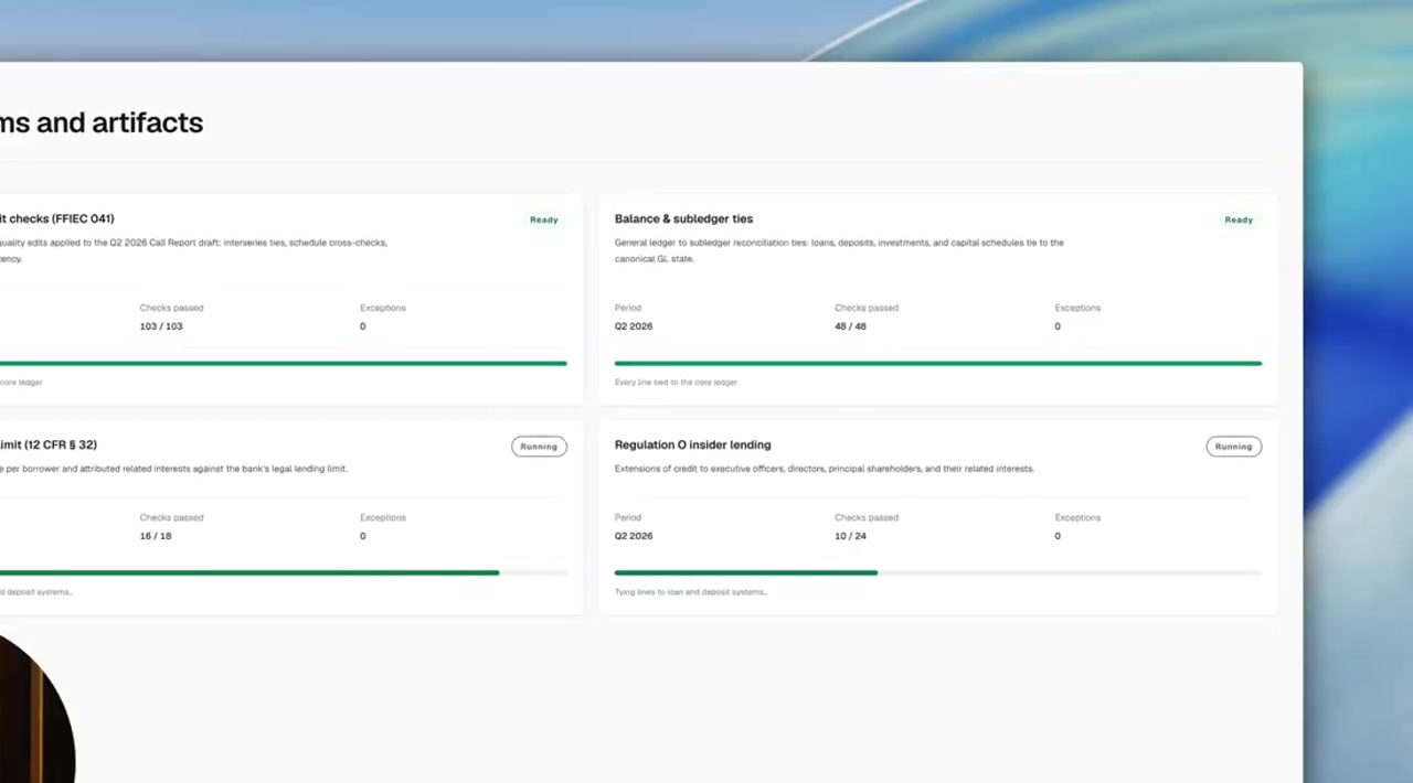 Definite product demonstration showing regulatory reporting programs, checks passed and exceptions
