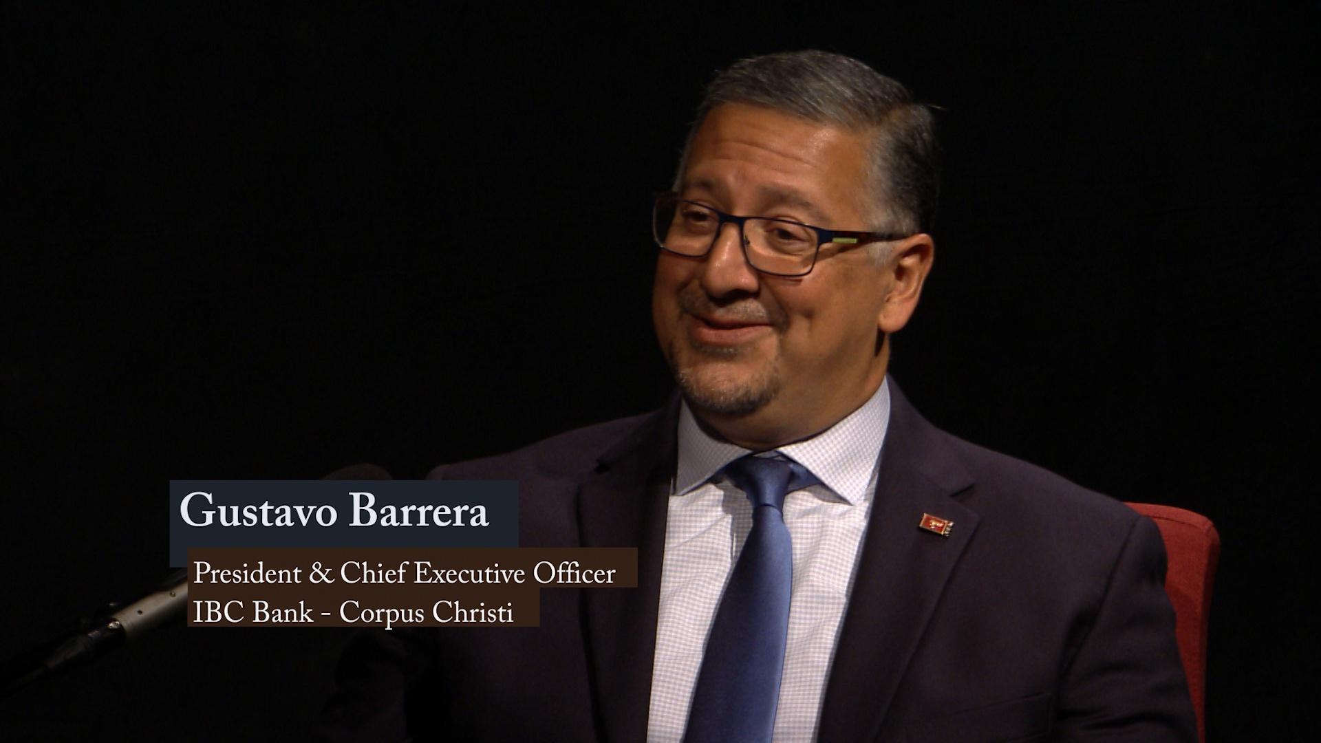 Gustavo Barrera seated for his South Texas Leaders television interview