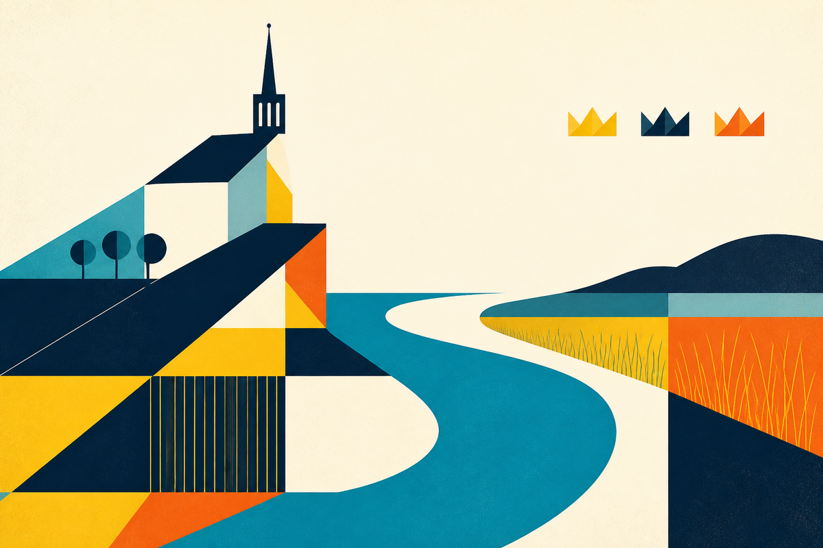 Abstract Swiss-style illustration of a hilltop chapel, prairie, river and three geometric crowns