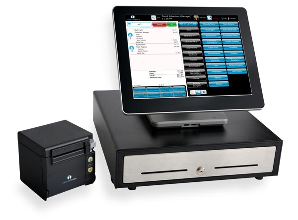 Harbortouch restaurant touchscreen terminal with receipt printer and cash drawer