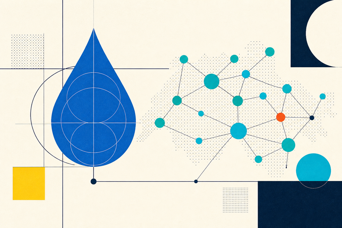 Abstract Swiss-style illustration of a water droplet connected to a network of nodes