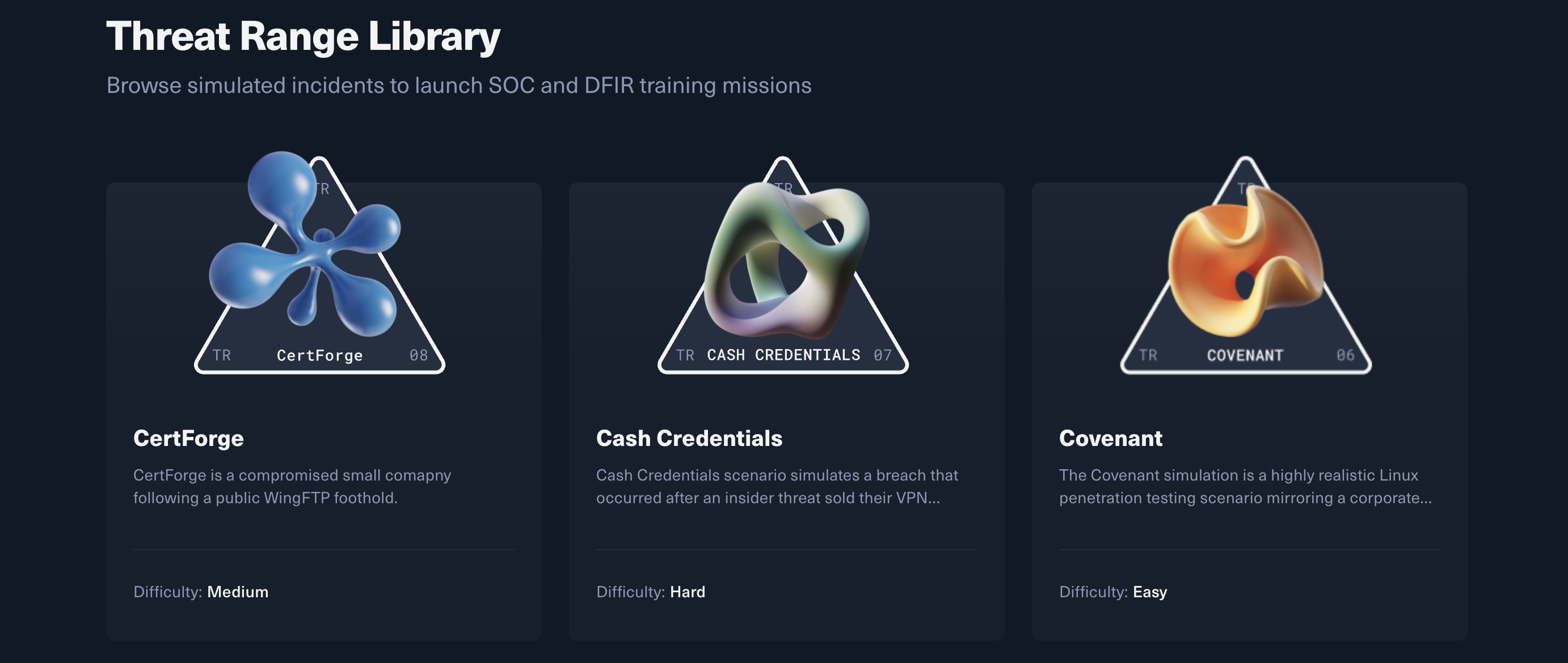 Hack The Box Threat Range library showing CertForge, Cash Credentials and Covenant simulated incident scenarios