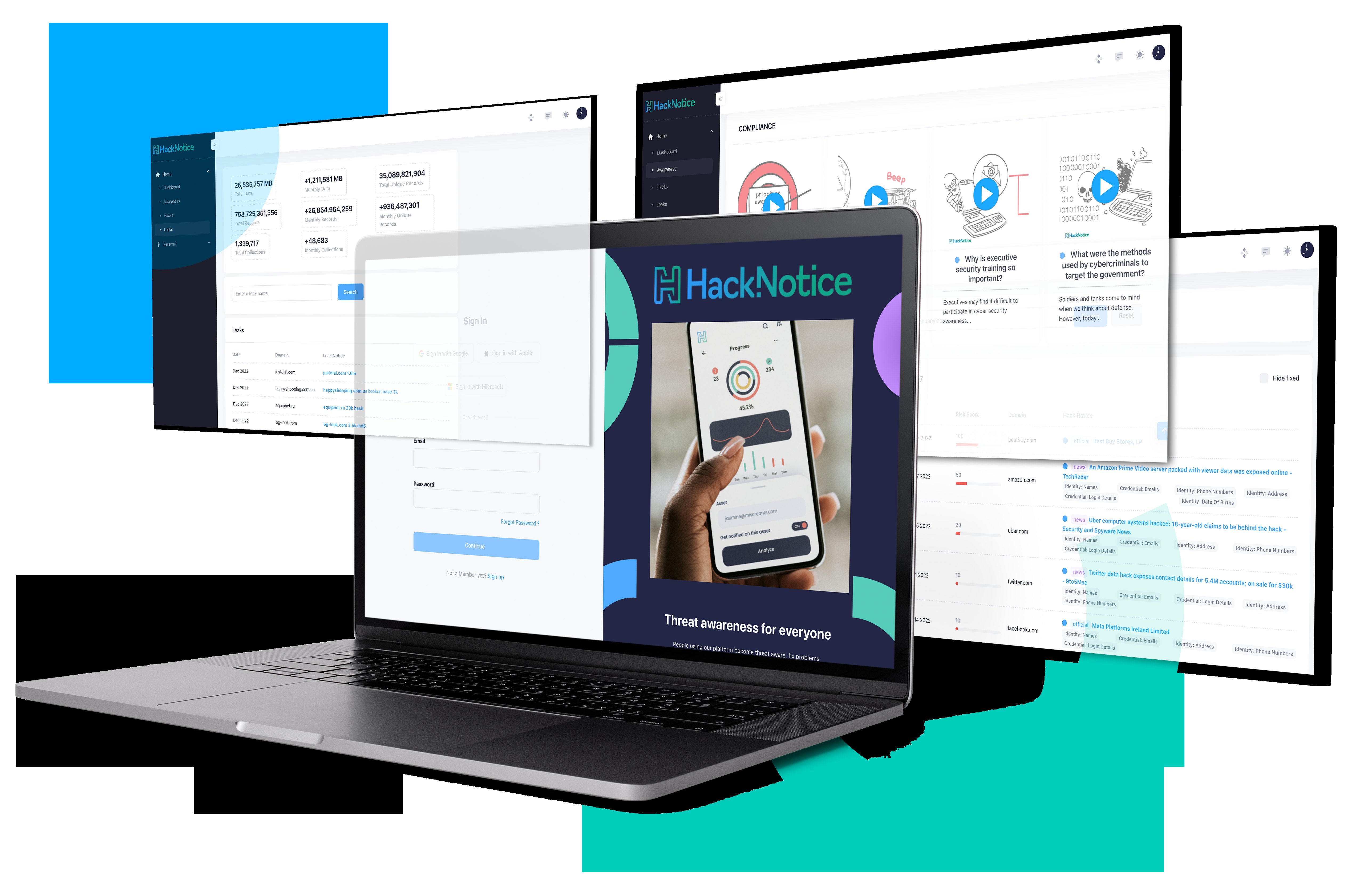 HackNotice 4.0 product presentation showing its dashboard on a laptop