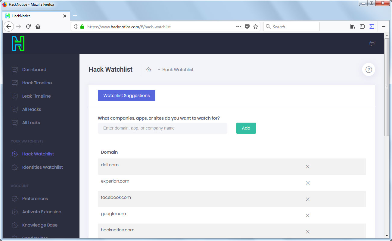 HackNotice's early Hack Watchlist interface with domains selected for monitoring