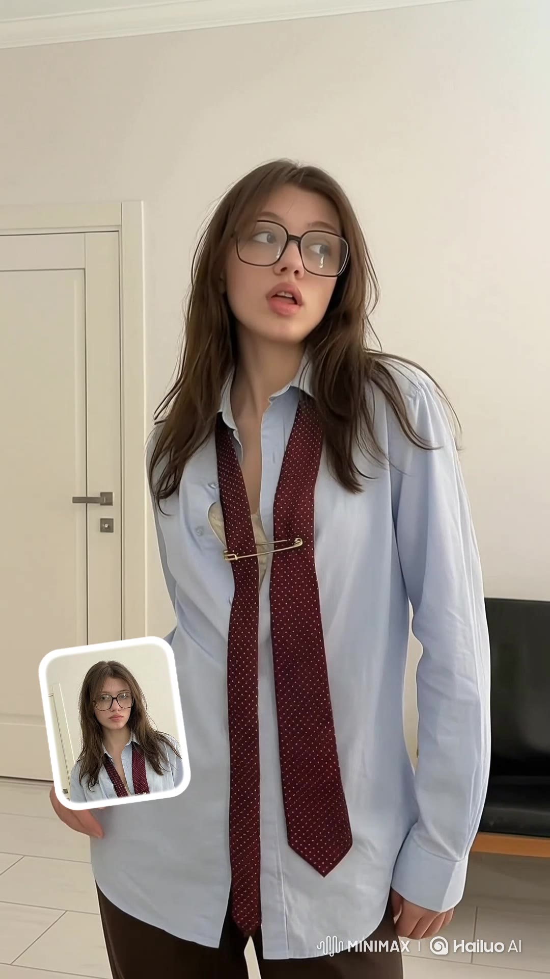 A Hailuo AI generated vertical clip showing a woman holding a reference portrait