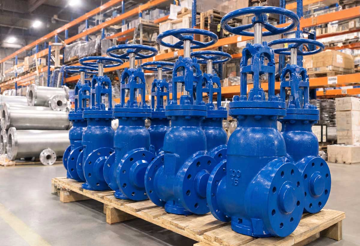 Blue industrial valves lined up on pallets inside a warehouse