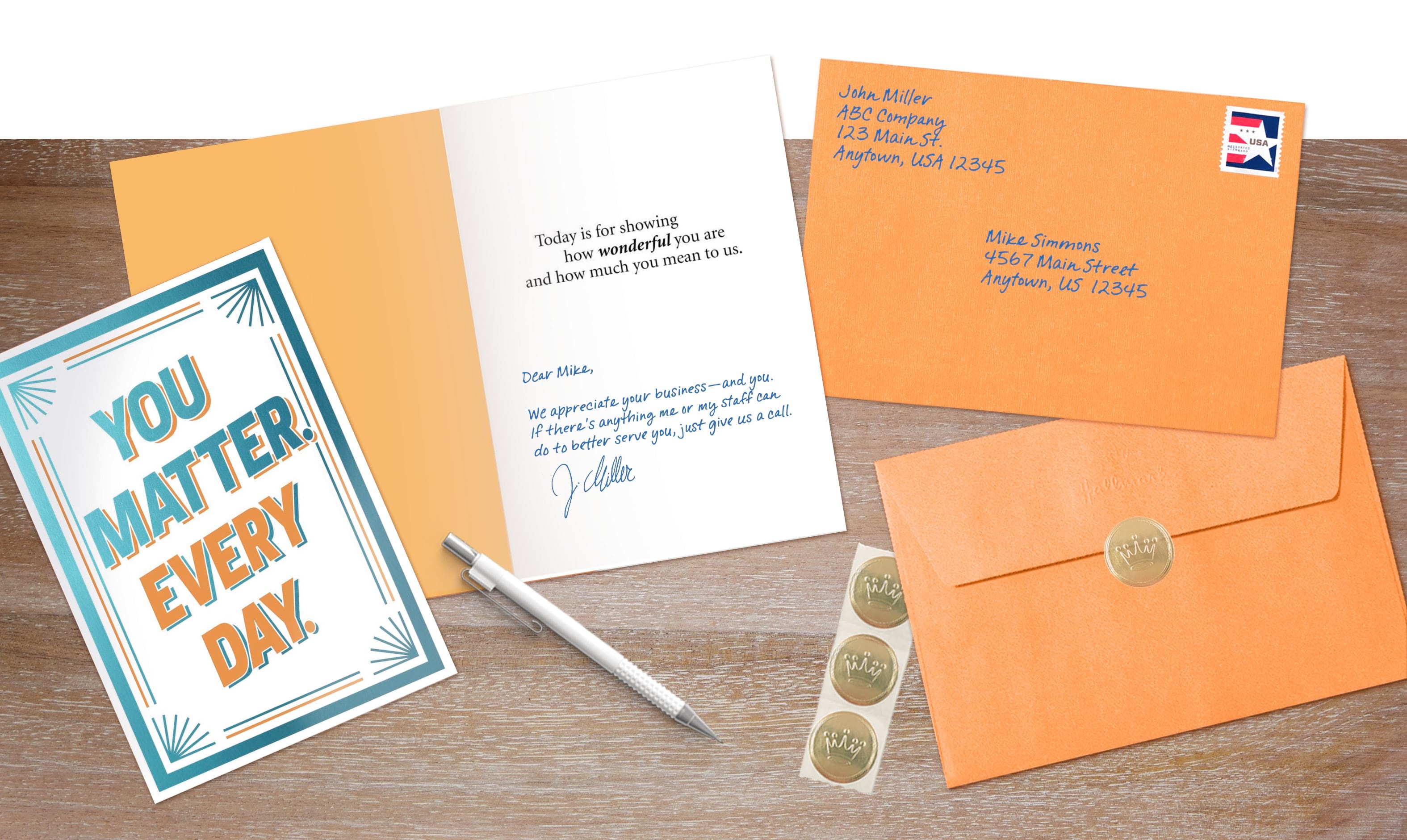 Hallmark appreciation card with personalized handwriting-style message, orange envelopes and gold seals