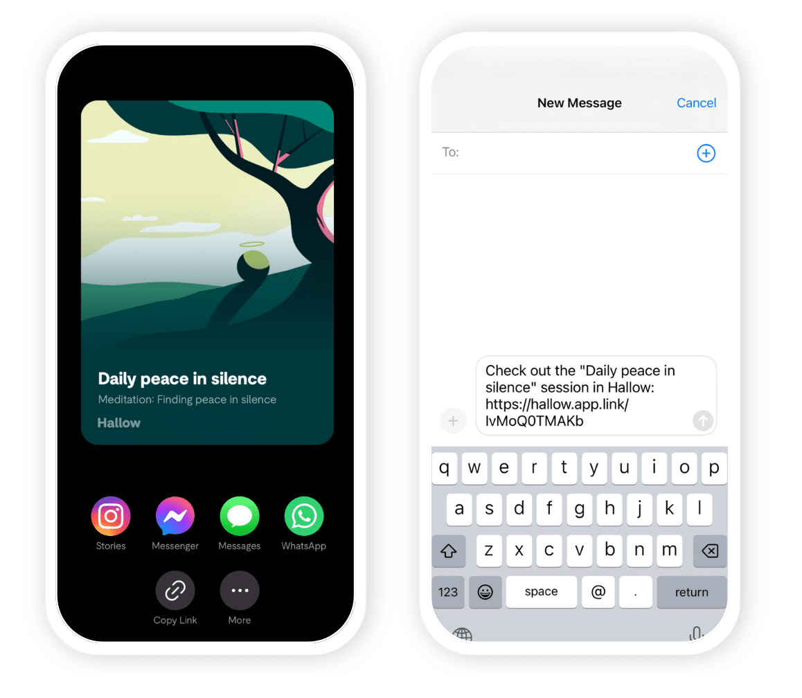 Hallow app sharing flow showing a prayer session sent through messaging
