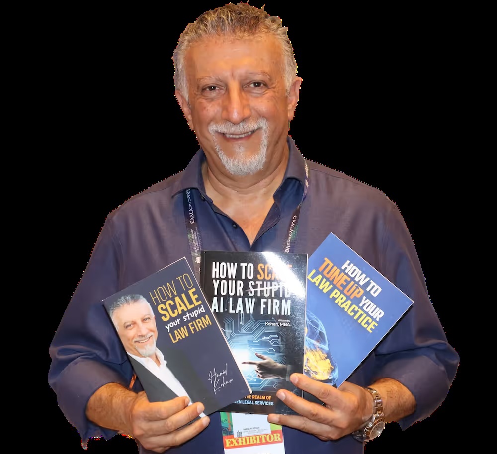Hamid Kohan holding several of his books about running and scaling law firms