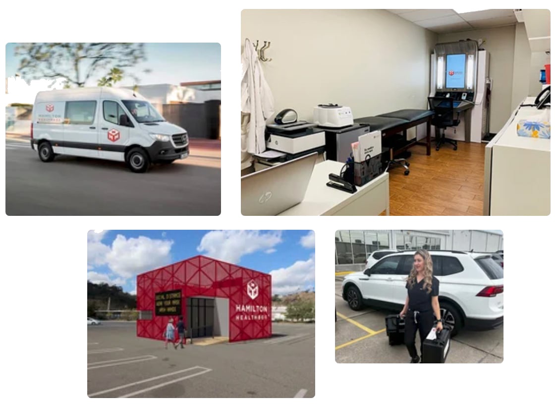 Hamilton Health Box collage showing a mobile clinic van, an examination room, a red standalone microclinic and a staff member carrying equipment