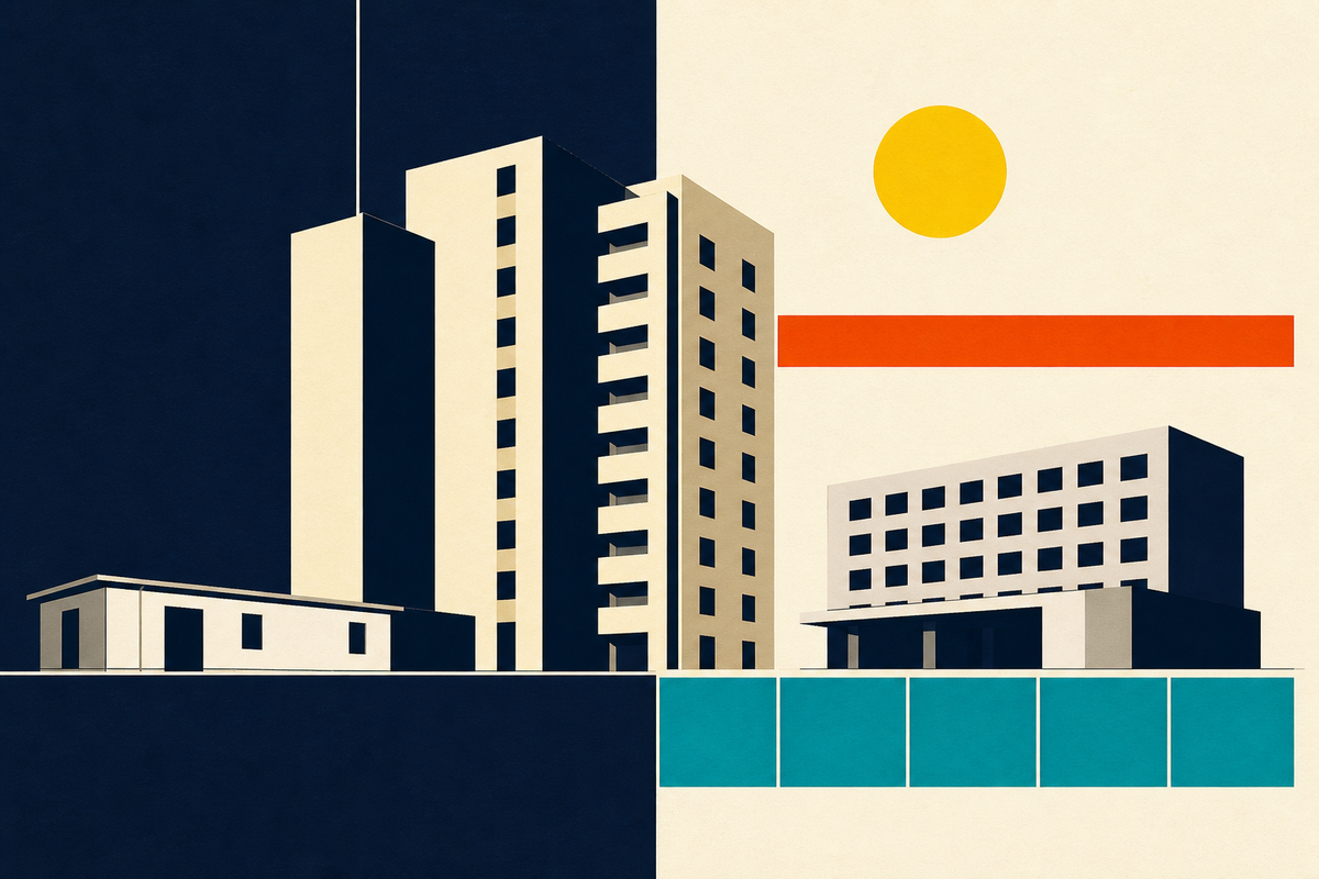 Abstract Swiss-style composition of apartment, manufactured-home and hotel forms