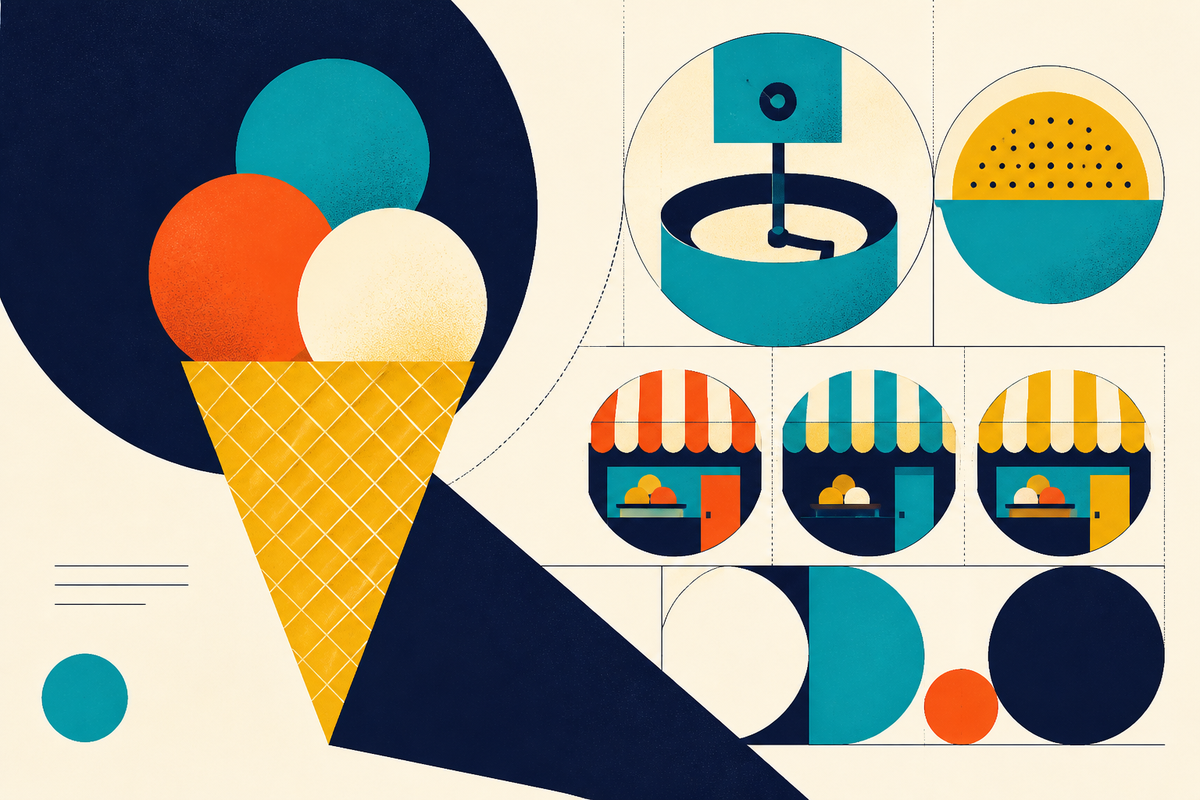 Abstract Swiss-style illustration of ice cream scoops, an in-store churn and a row of neighborhood parlors