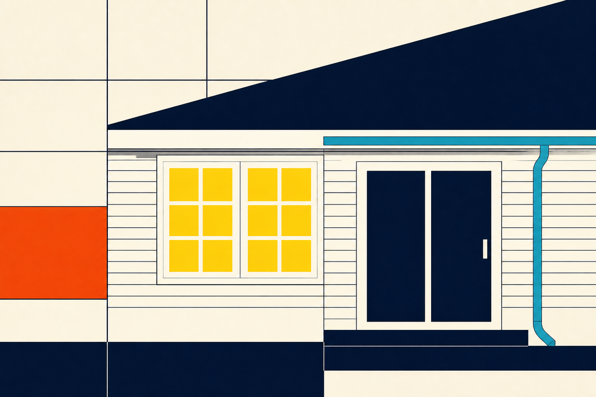 Abstract geometric house facade with roof, windows, door, siding and gutter