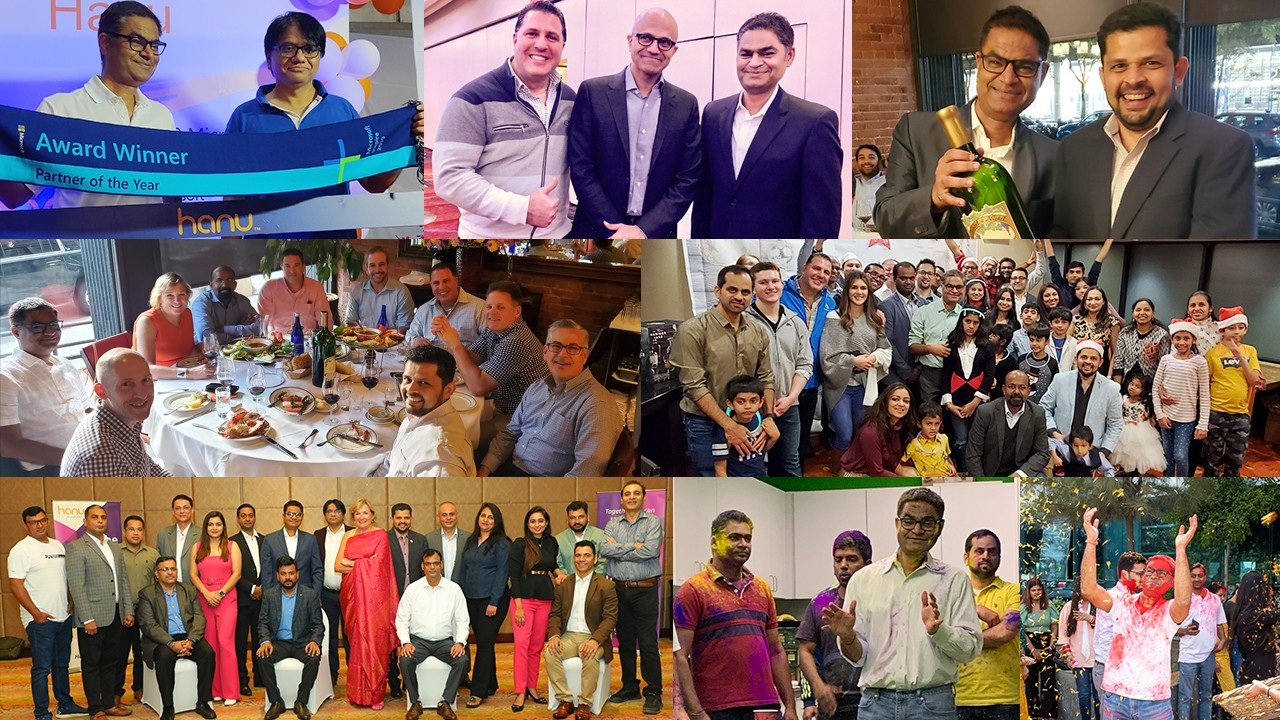 Collage from Anil Singh's farewell showing Hanu colleagues, an award celebration, shared meals and festivities