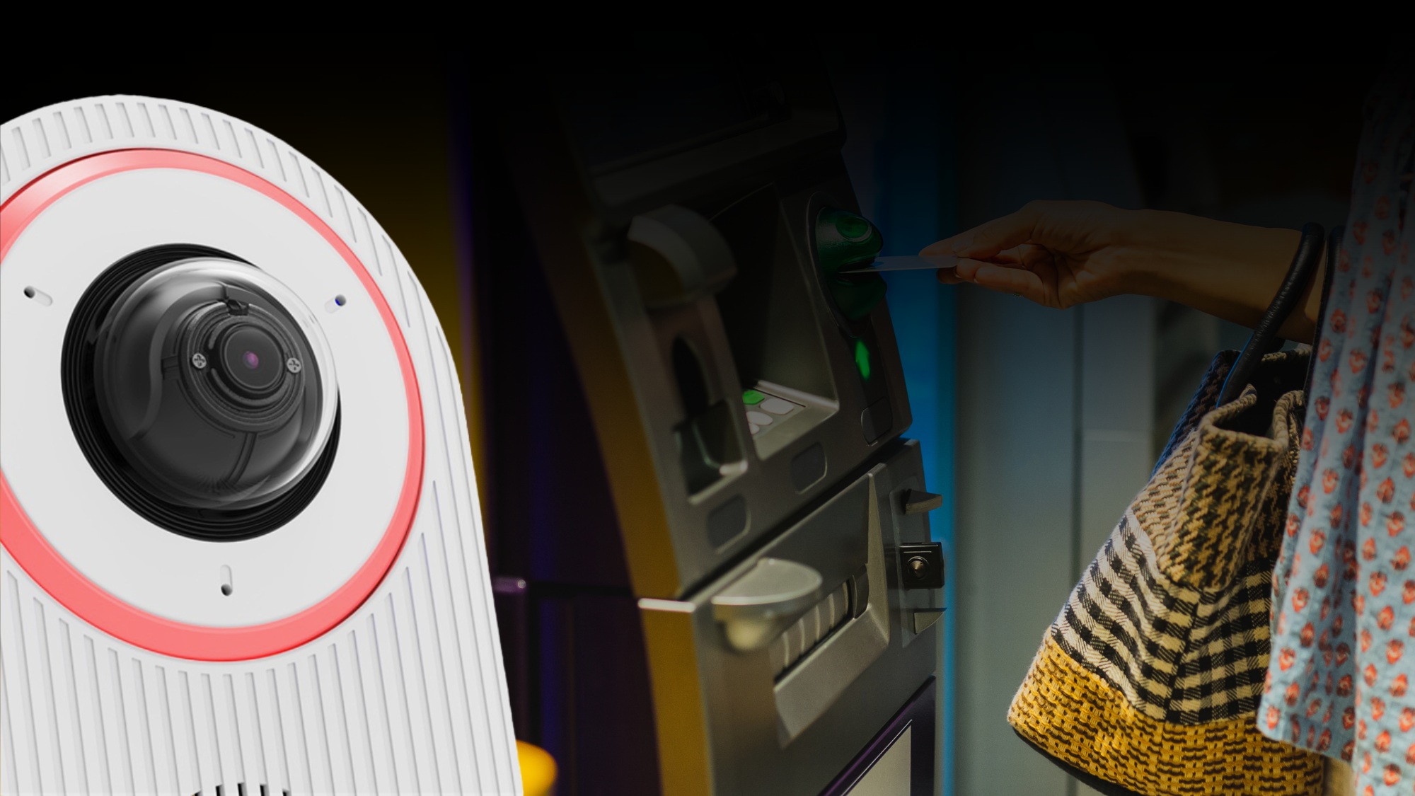 Hanwha SPS-A8016 camera with an illuminated ring beside a retail checkout scene
