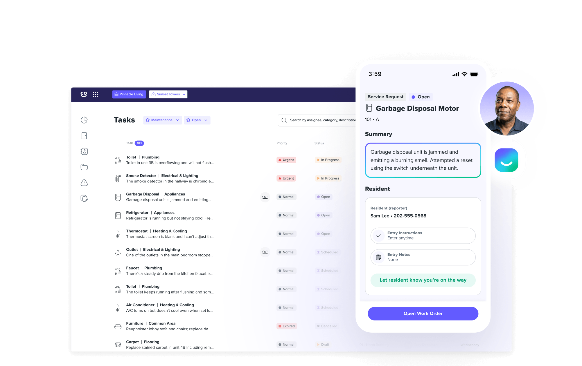 HappyCo product illustration showing maintenance scheduling and mobile work order interfaces