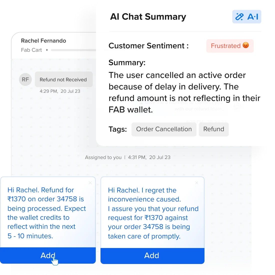 Contakt product illustration showing a refund conversation, an AI summary and suggested agent responses