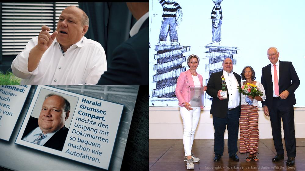 Collage of Grumser at work and receiving the 2022 Founders' Prize alongside Nicole Hoffmeister-Kraut, Gülay Usta-Grumser and Peter Schneider