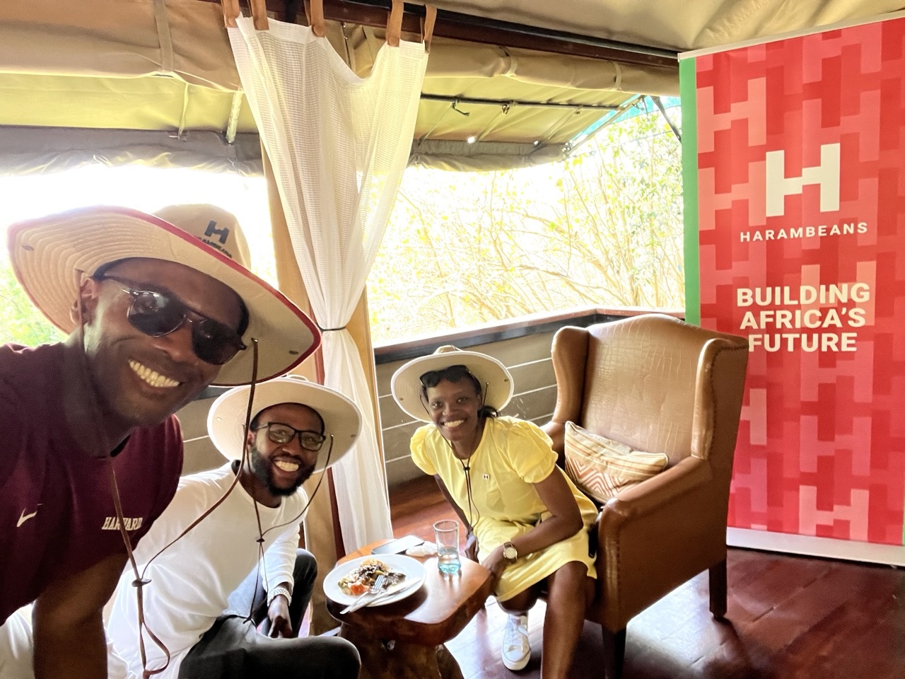 Okendo Lewis-Gayle with MarketForce’s Tesh Mbaabu and Pezesha’s Hilda Moraa at a Harambeans gathering