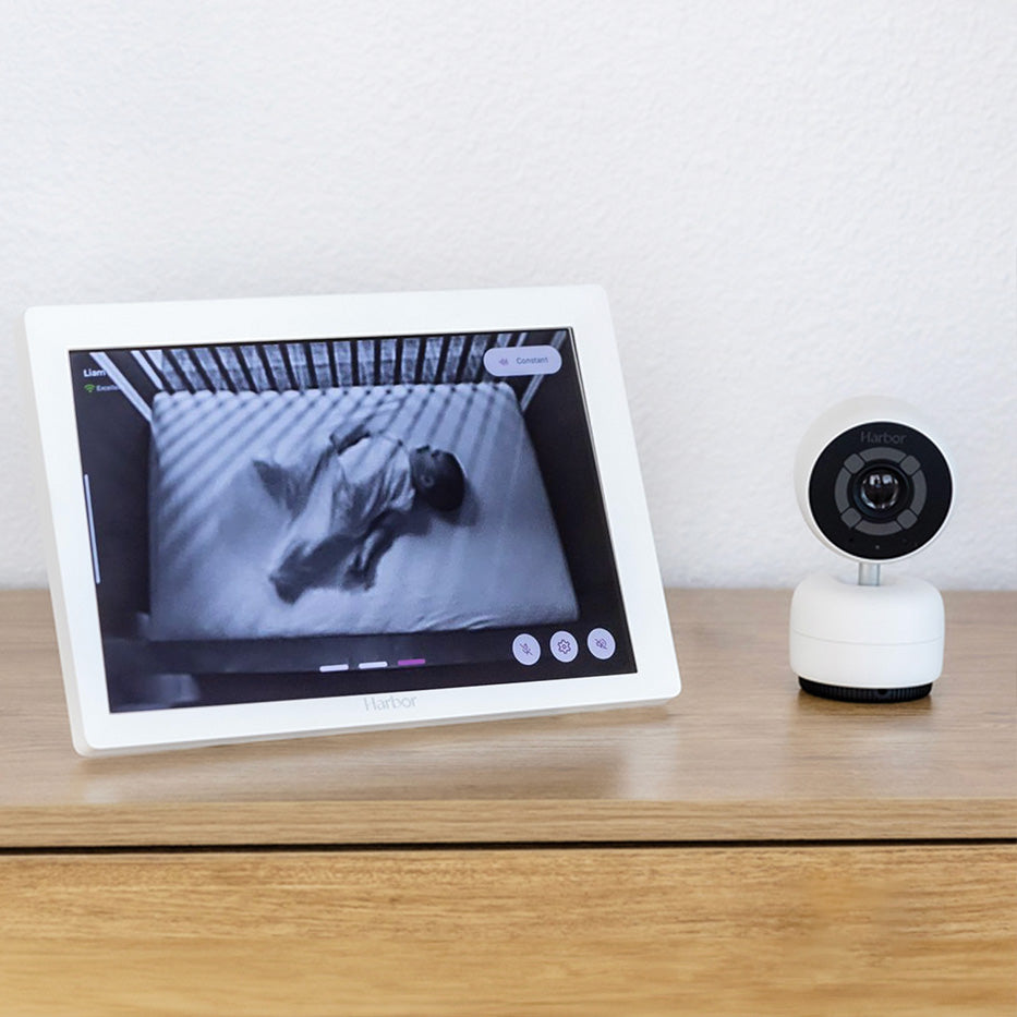 Harbor camera beside its dedicated ten-inch monitor showing a sleeping baby