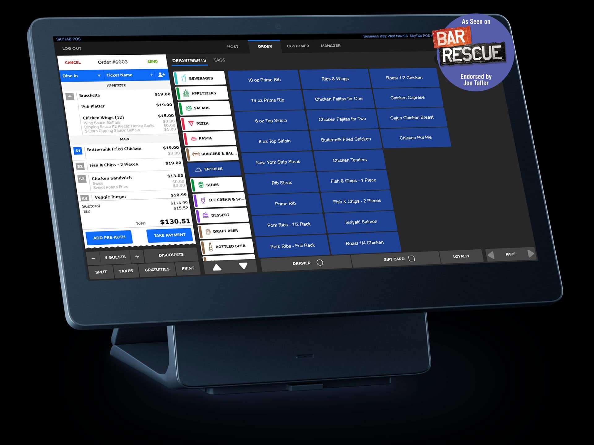 SkyTab touchscreen demo workstation showing restaurant departments and an itemized dining ticket