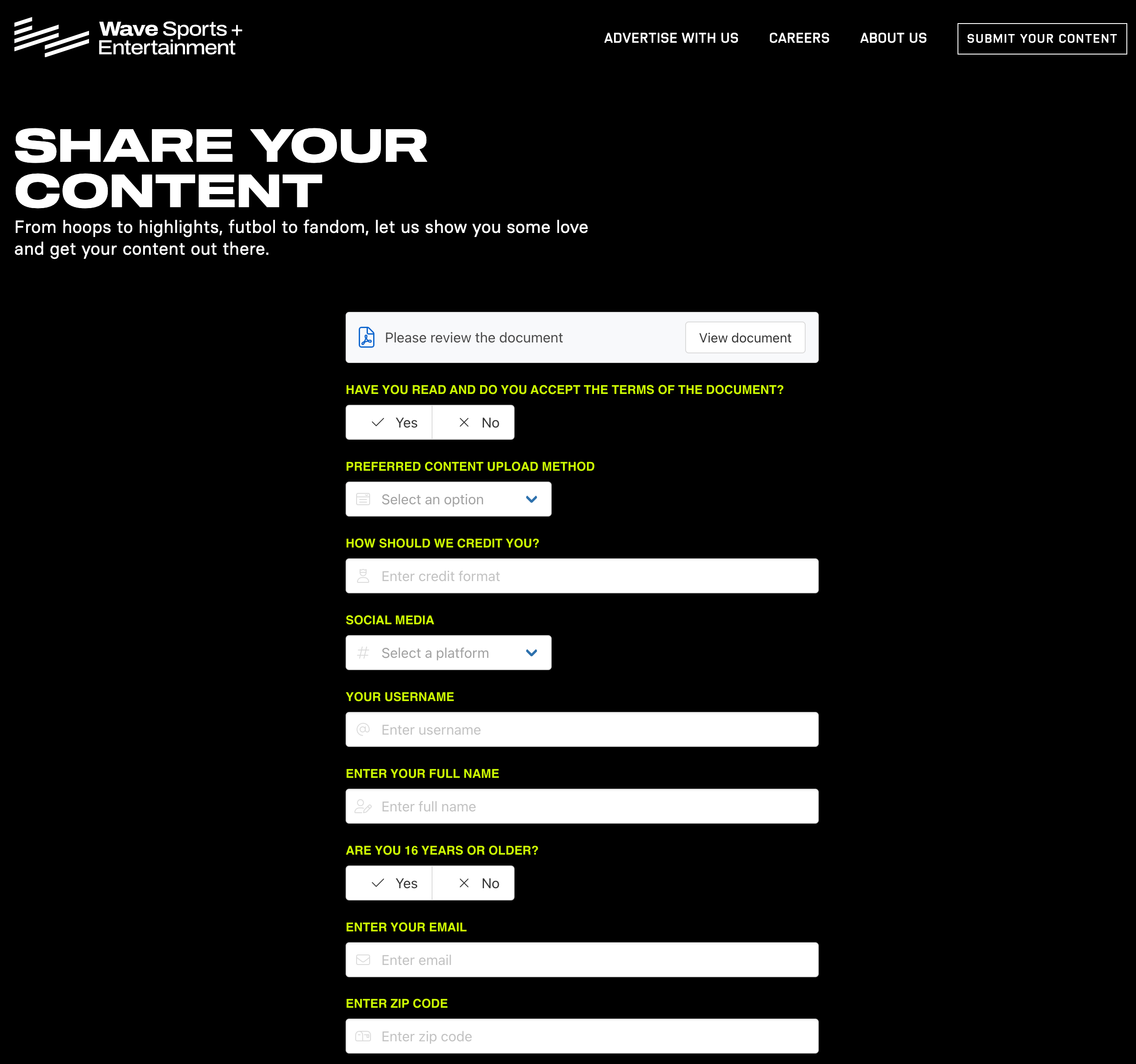 Wave Sports and Entertainment content submission form powered by Harbour