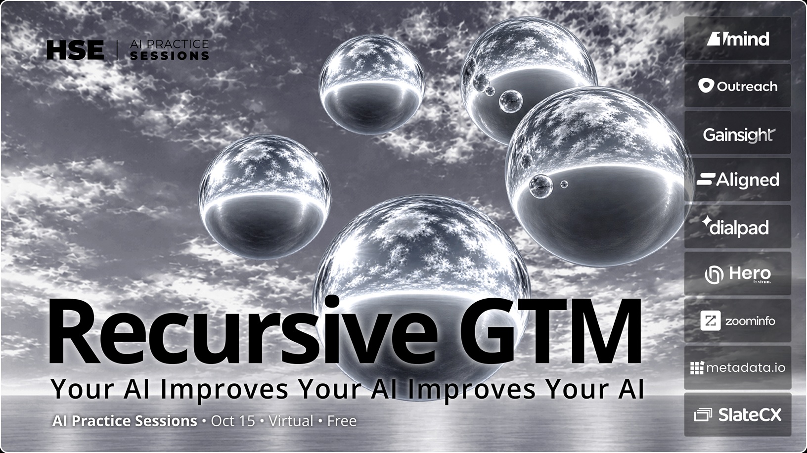 HSE Recursive GTM promotional artwork with metallic spheres and participating company names