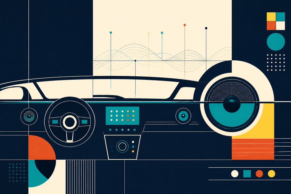Abstract Swiss-style illustration combining a car cockpit, speaker cones and sound waves