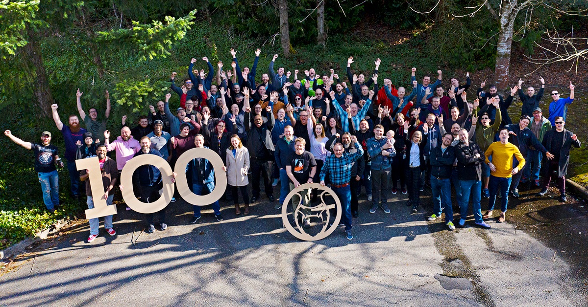 A large ProbablyMonsters team outdoors, cheering around a wooden number 100 and company emblem