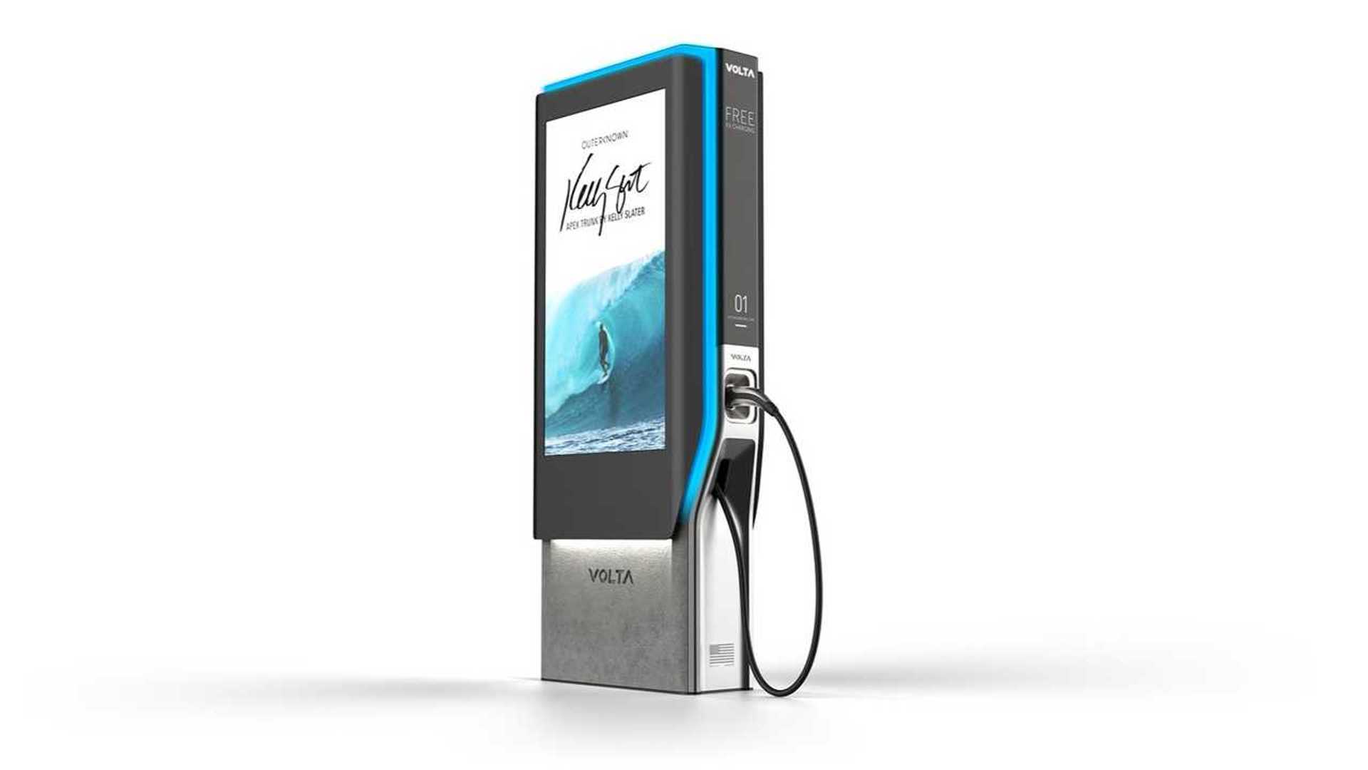 A Volta electric vehicle charger with an advertising display and charging cable against a white background