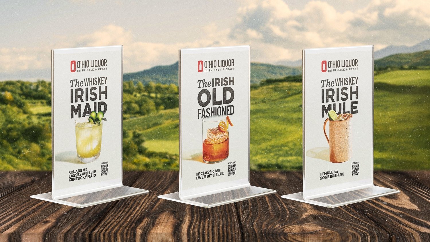 Ohio Liquor Irish Cask and Craft tabletop displays with whiskey cocktail recipes