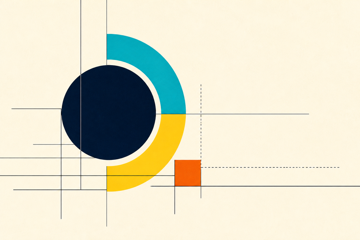 Abstract geometric composition of circles, arcs and lines in navy, teal, yellow and orange
