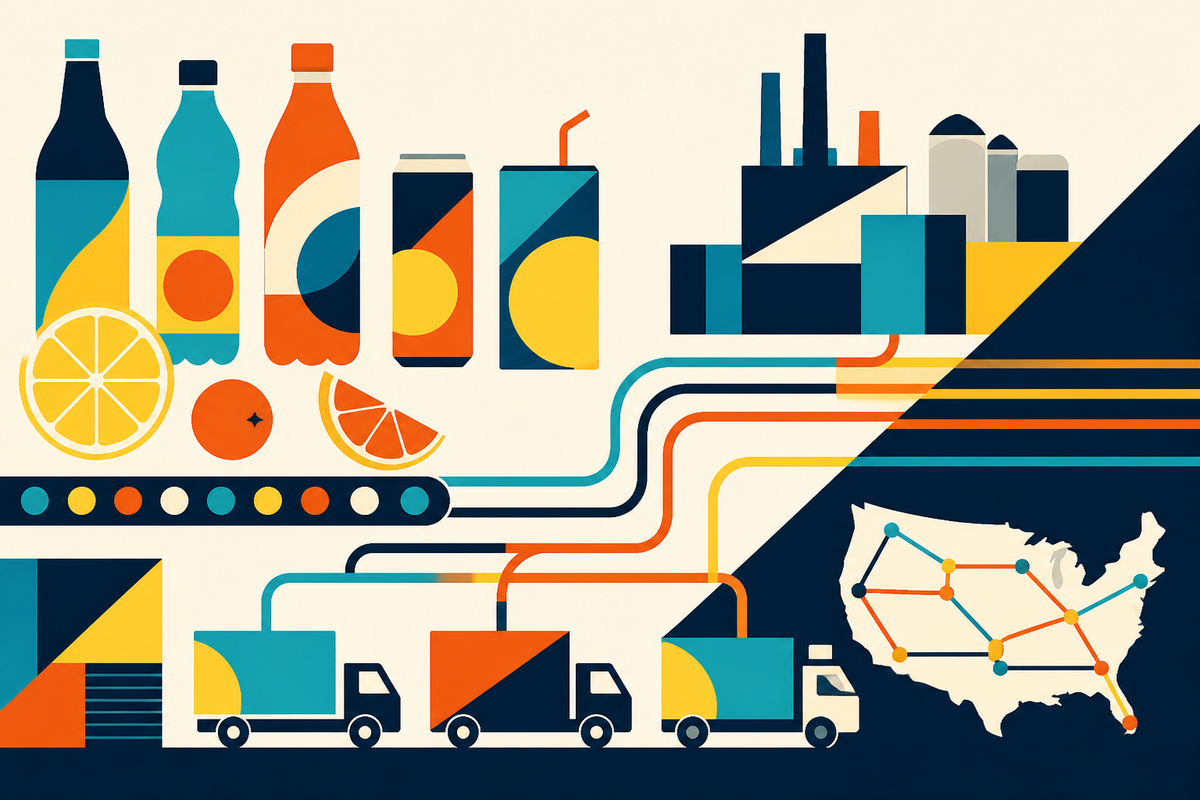 Abstract Swiss-style illustration of beverage packages moving from a factory through a national distribution network