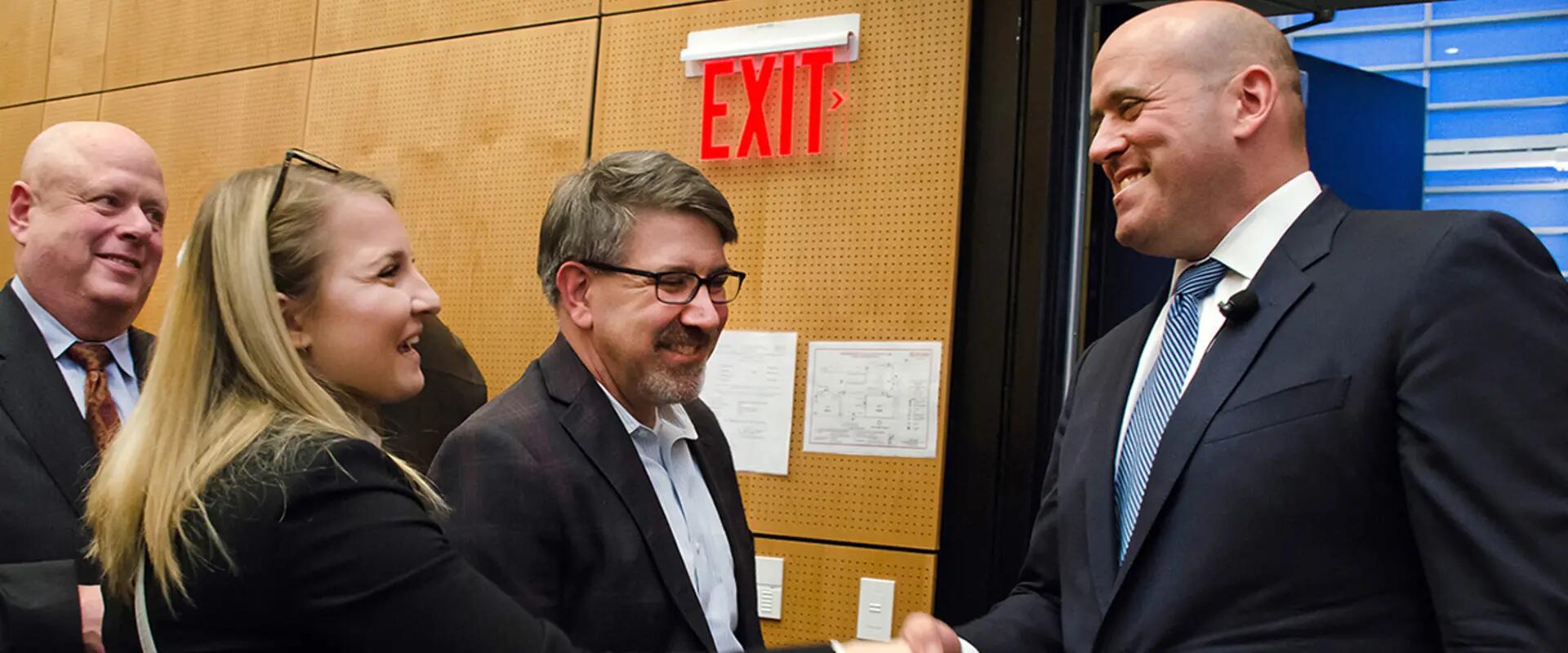 Harvey Schwartz greeting attendees during his April 2018 Rutgers visit