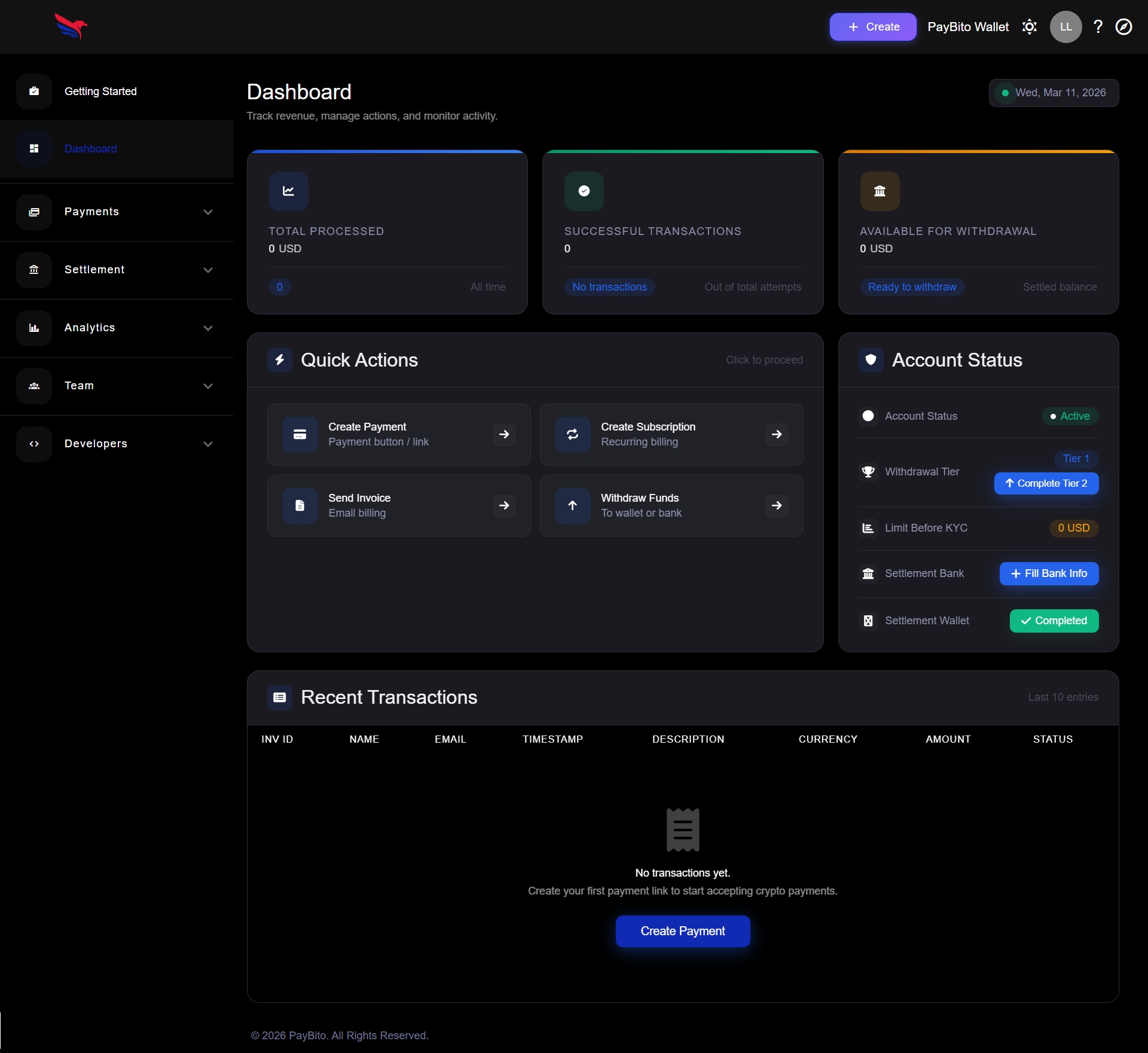PayBito merchant dashboard with payment actions, settlement controls and an empty transaction list