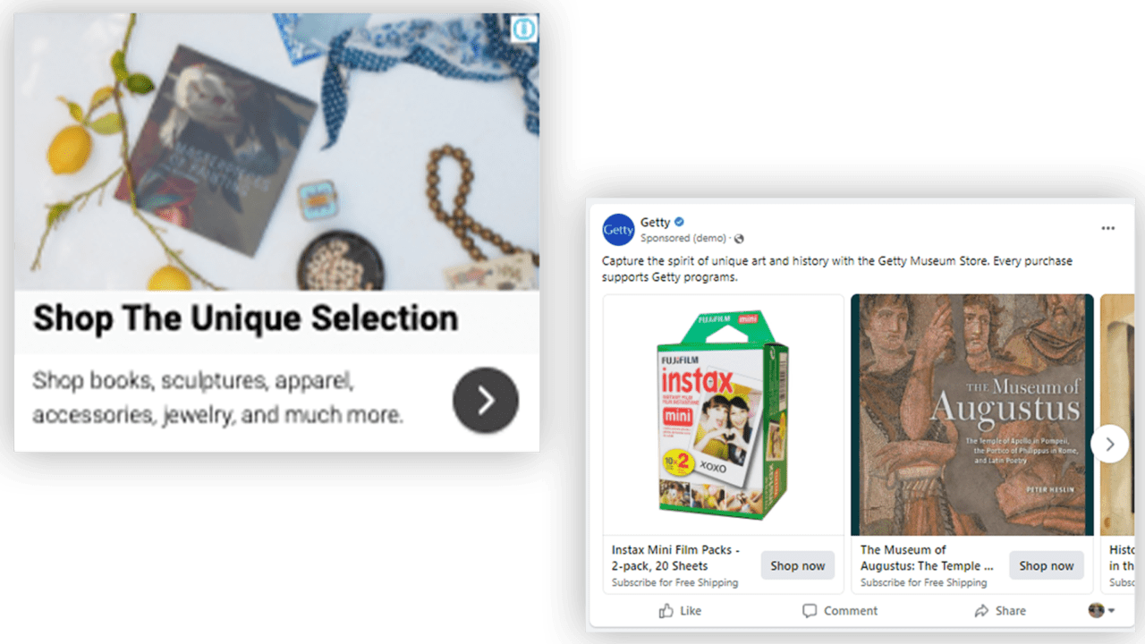 Two Getty Store advertisements promoting its merchandise, with a subscribe for free shipping offer