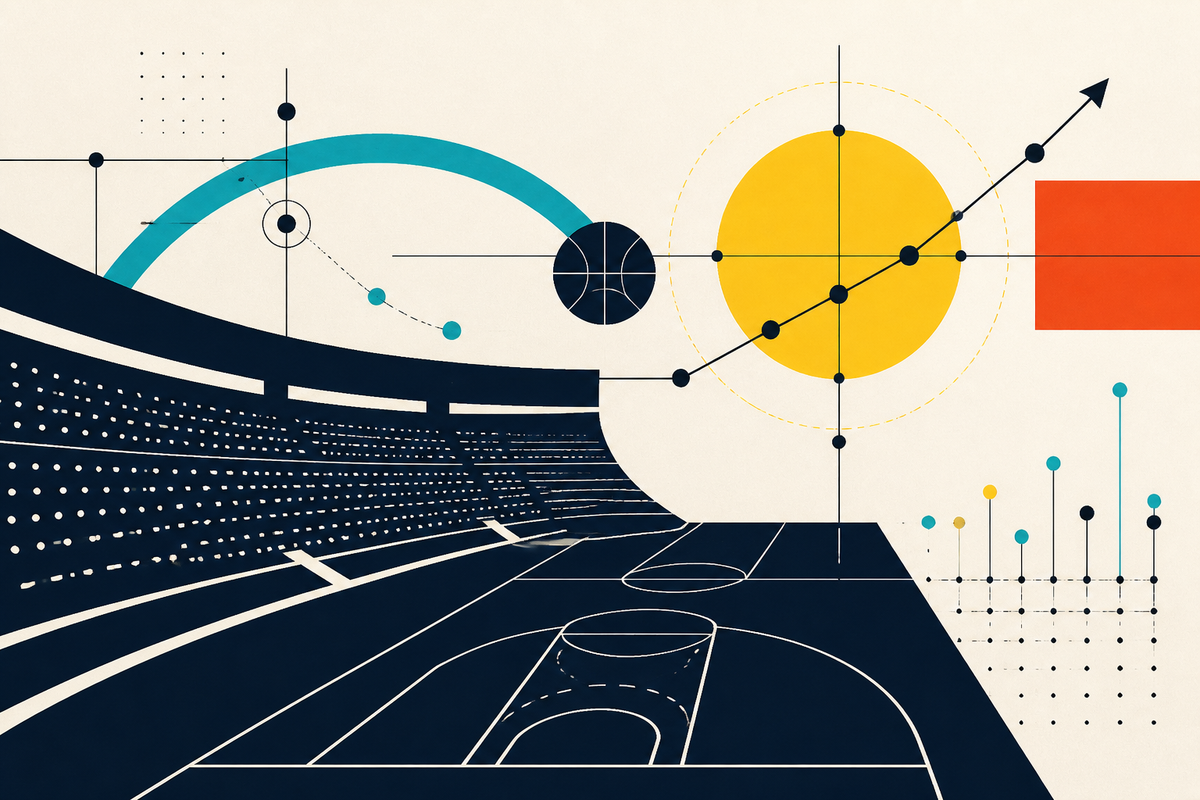 Abstract Swiss-style illustration combining an arena, basketball court, data points and an upward investment line
