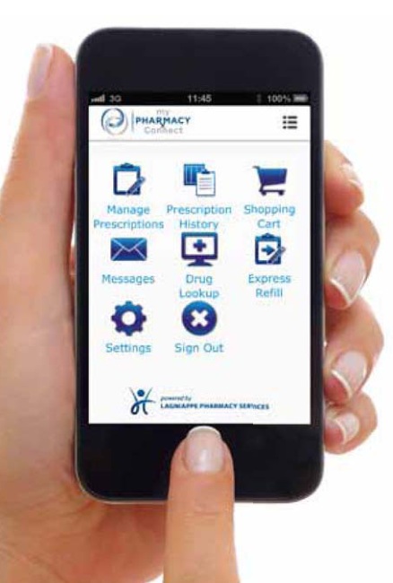 A hand holding a phone showing myPharmacyConnect prescription, history and messaging tools