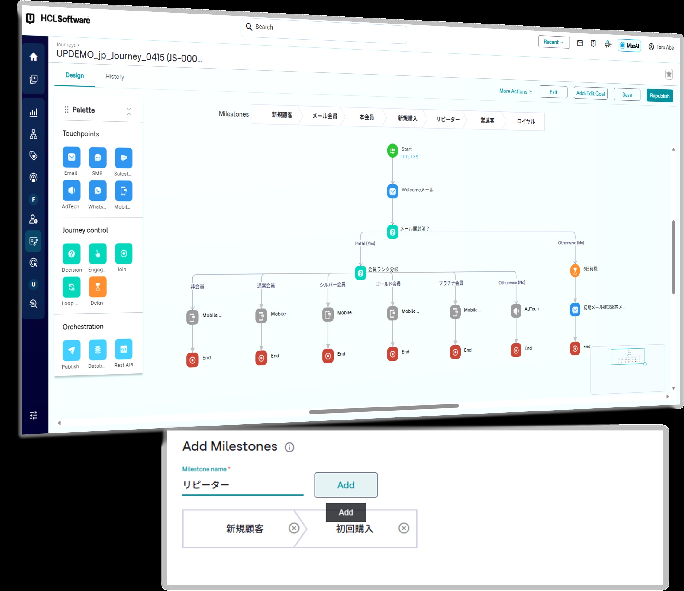 Unica Journey product illustration showing a branching customer workflow and milestone controls