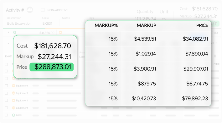 HeavyBid product screen showing markup and pricing controls
