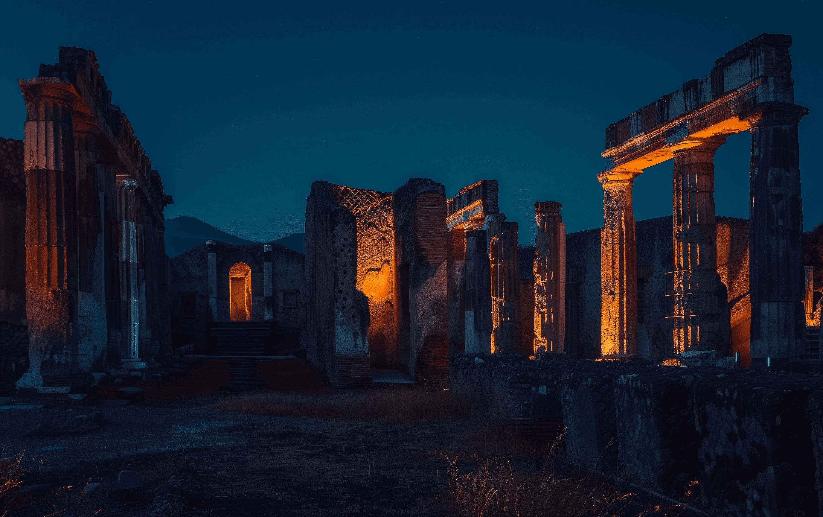 Illuminated columns and ruins of Pompeii after dark
