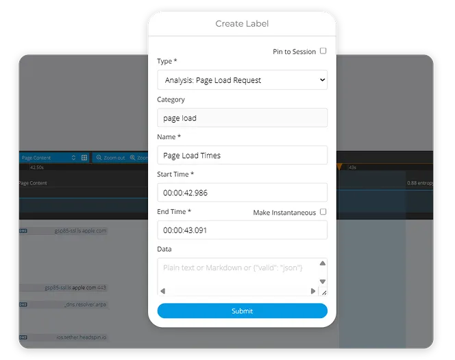 HeadSpin Waterfall UI showing a dialog for labeling a page-load interval