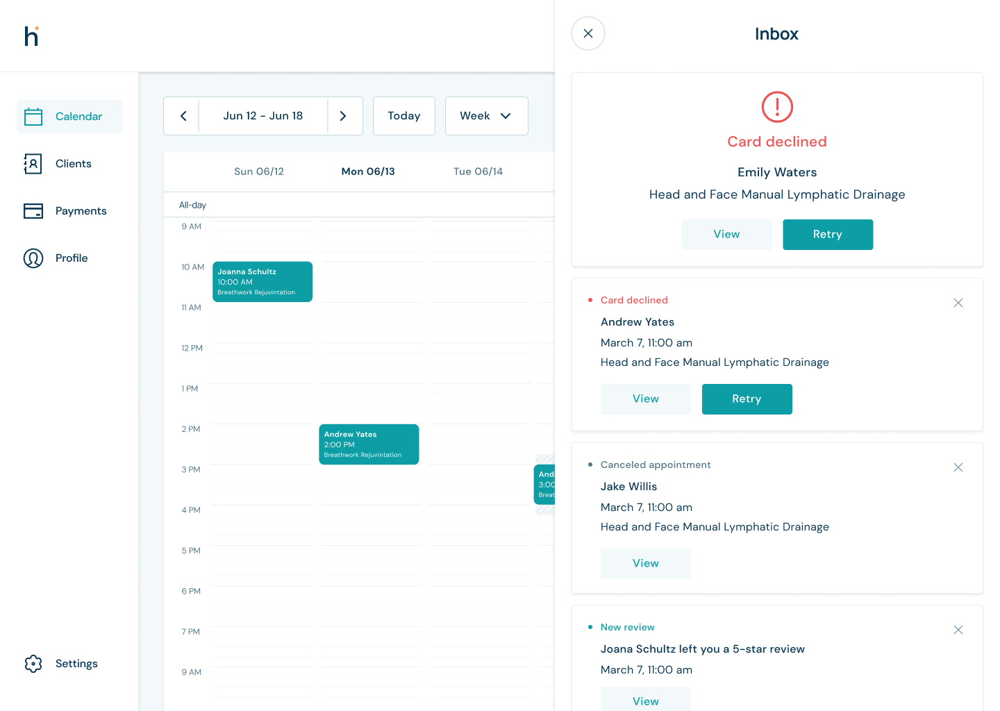 Heal.me practitioner dashboard showing appointments, actions and client management