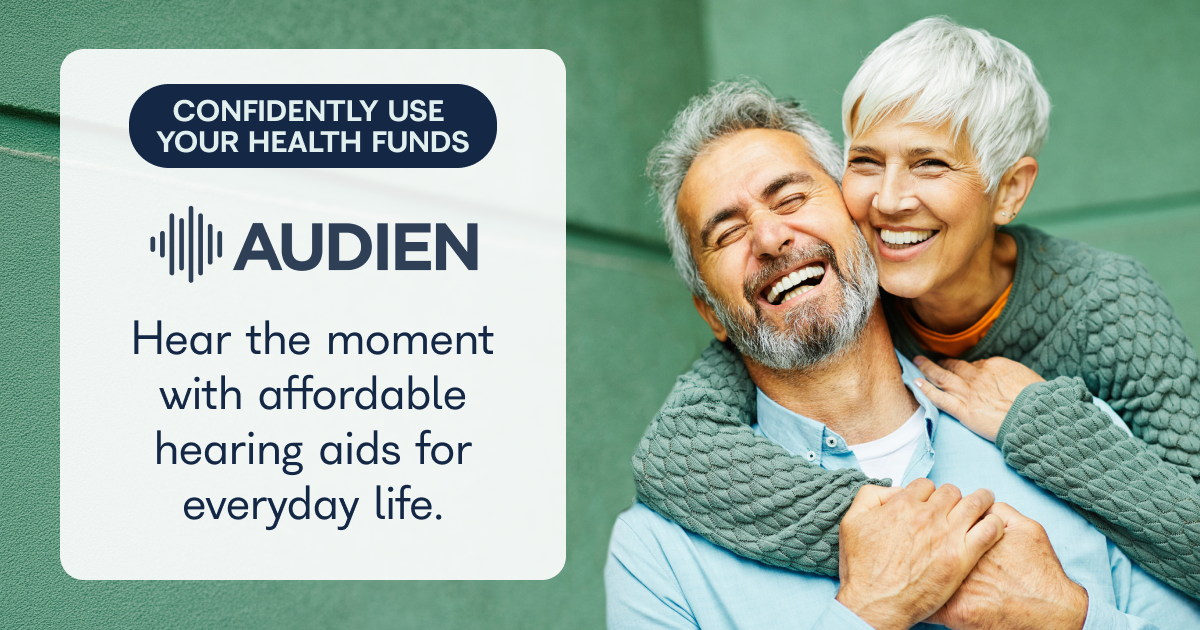 Audien Hearing promotional image announcing hearing aids purchasable with health funds