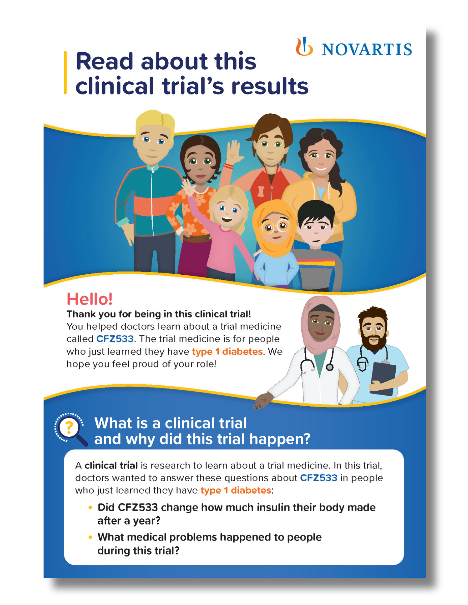 Page from a plain-language clinical trial results summary for young people with type 1 diabetes