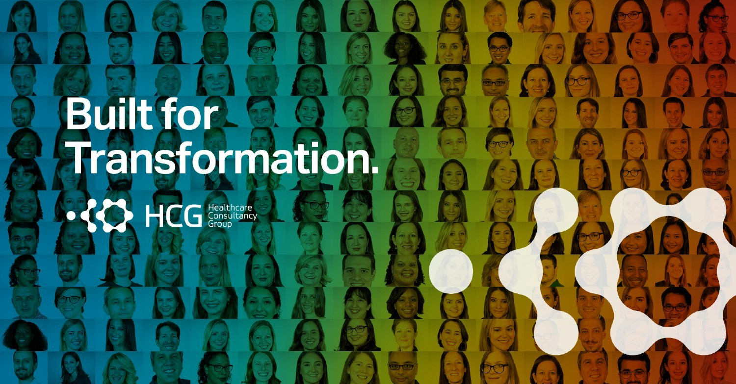 A colorful mosaic of HCG employees with the words Built for Transformation