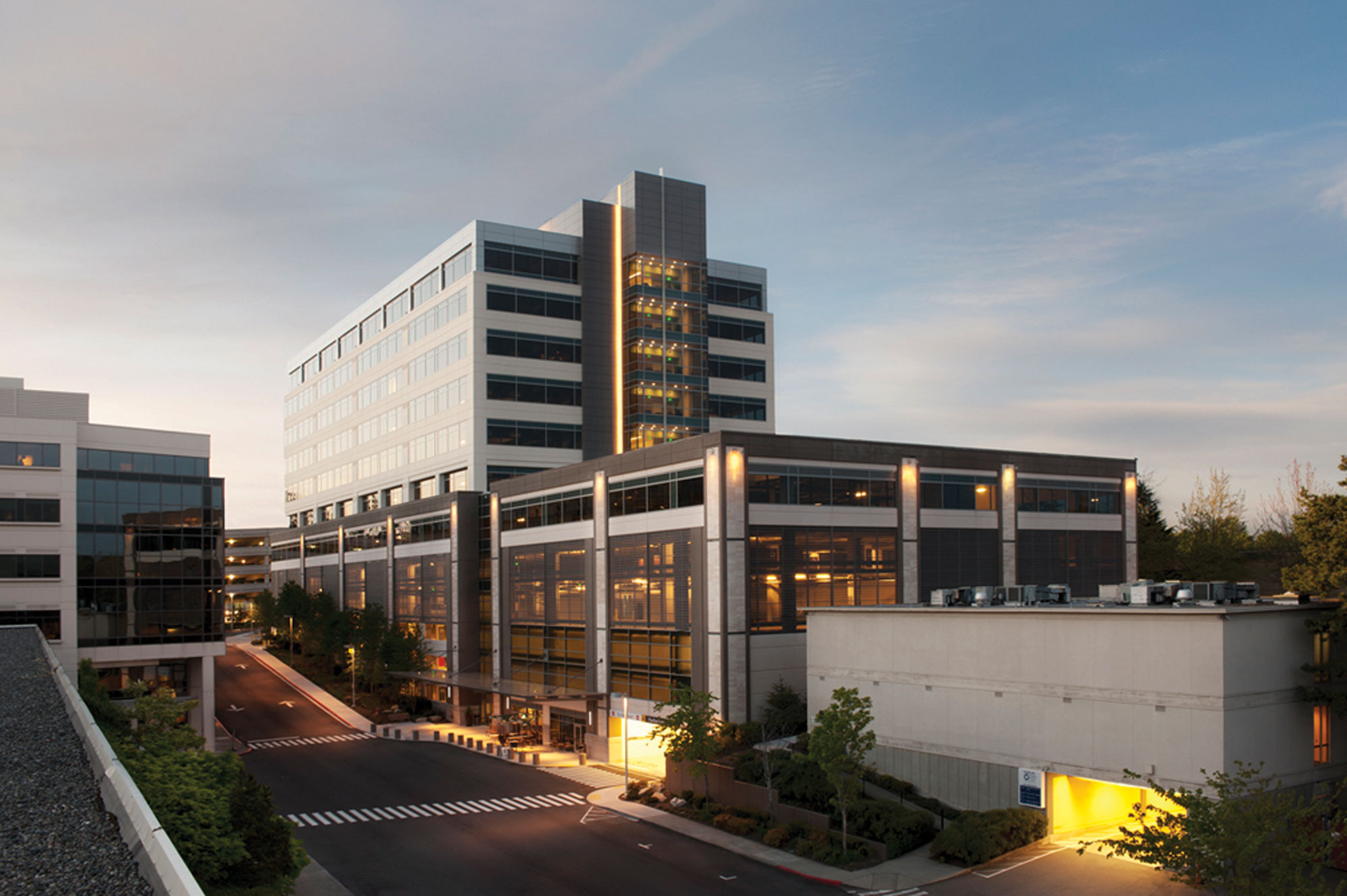 Overlake Medical Pavilion and neighboring buildings at dusk in Bellevue, Washington