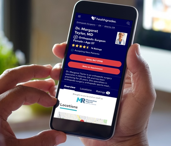 Healthgrades marketing photo showing a physician profile, patient ratings and appointment controls on a phone