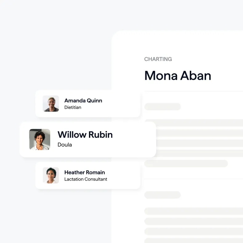 Healthie’s sample care-team illustration shows a dietitian, doula and lactation consultant alongside a shared chart.