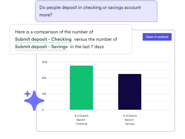 Heap Sense promotional interface turning a question about checking and savings deposits into an event comparison chart